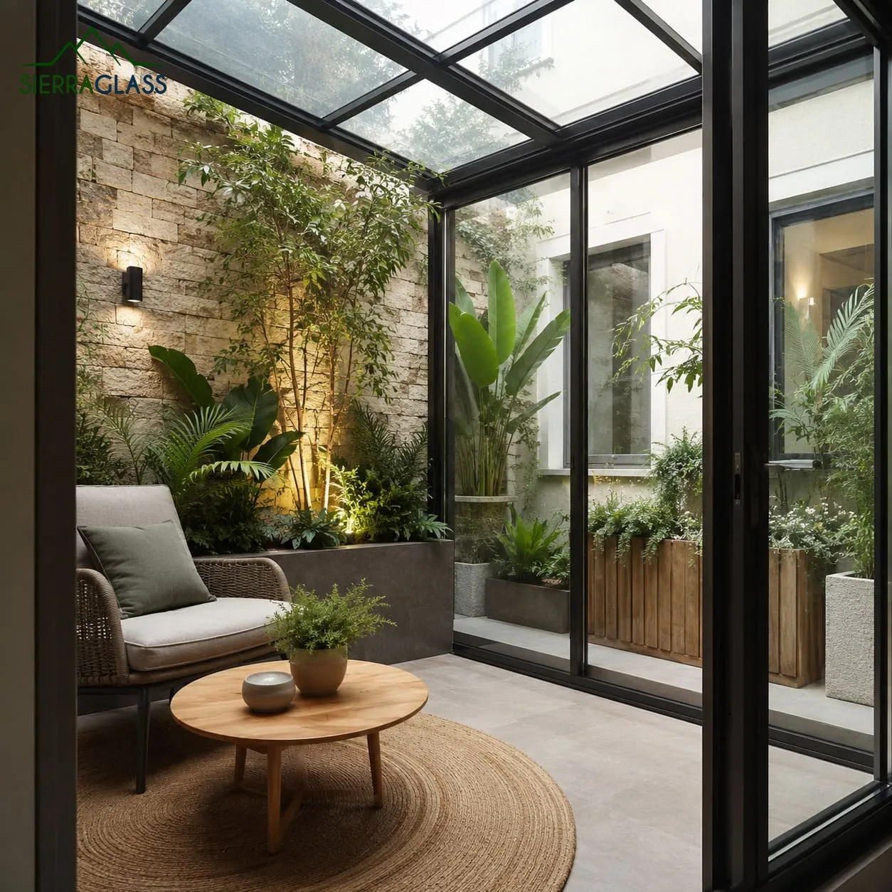 Cerramiento de cristal para patio interior con techo