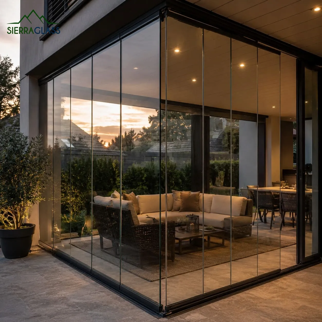 Cerramiento plegable de cristal en un porche moderno