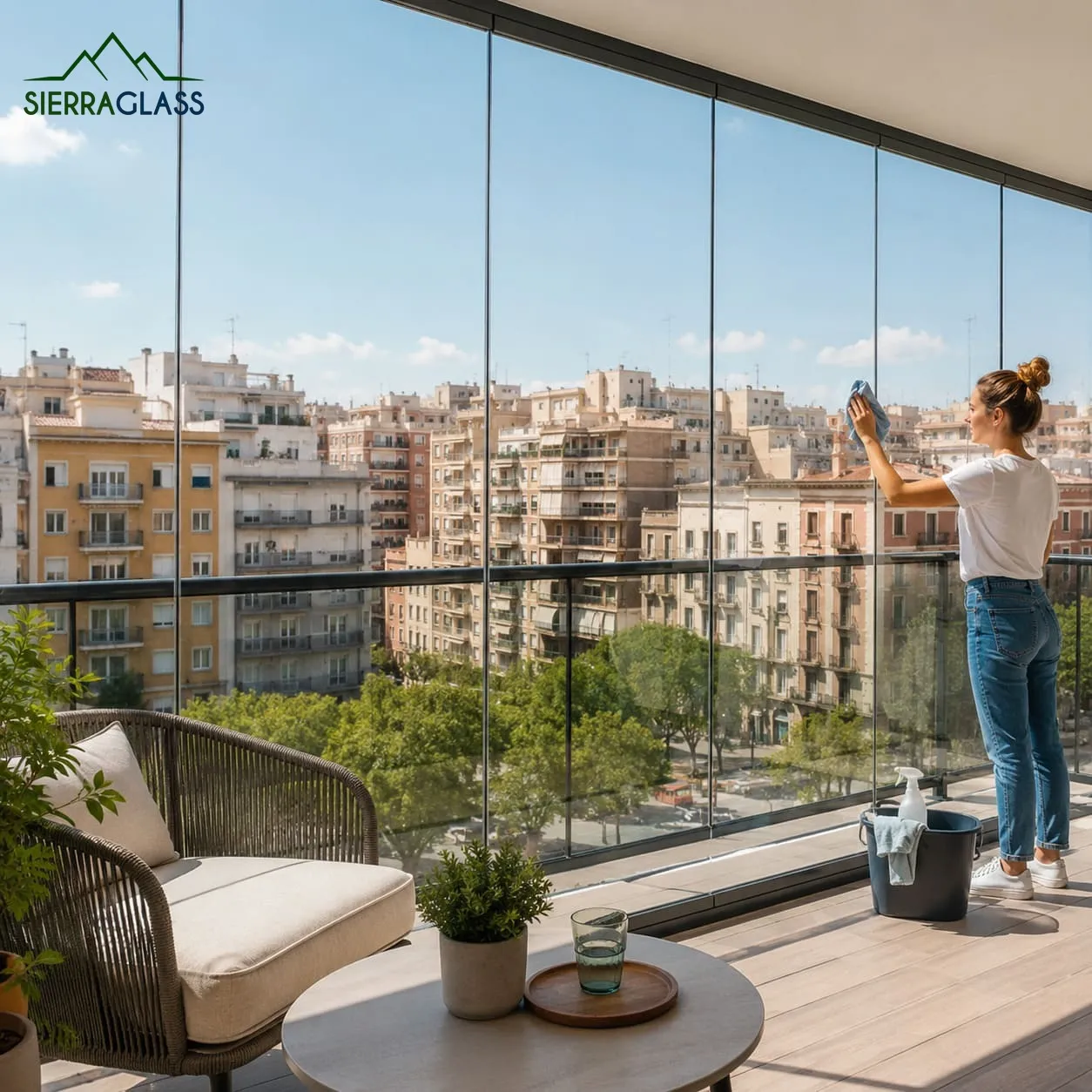 Mantenimiento y limpieza de un cerramiento de cristal en un balcón urbano